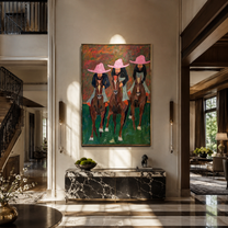 Three Riders Charge Green - three horse riders painting by Savannah Reed, modern folk art vertical wall art – styled room scene view 4