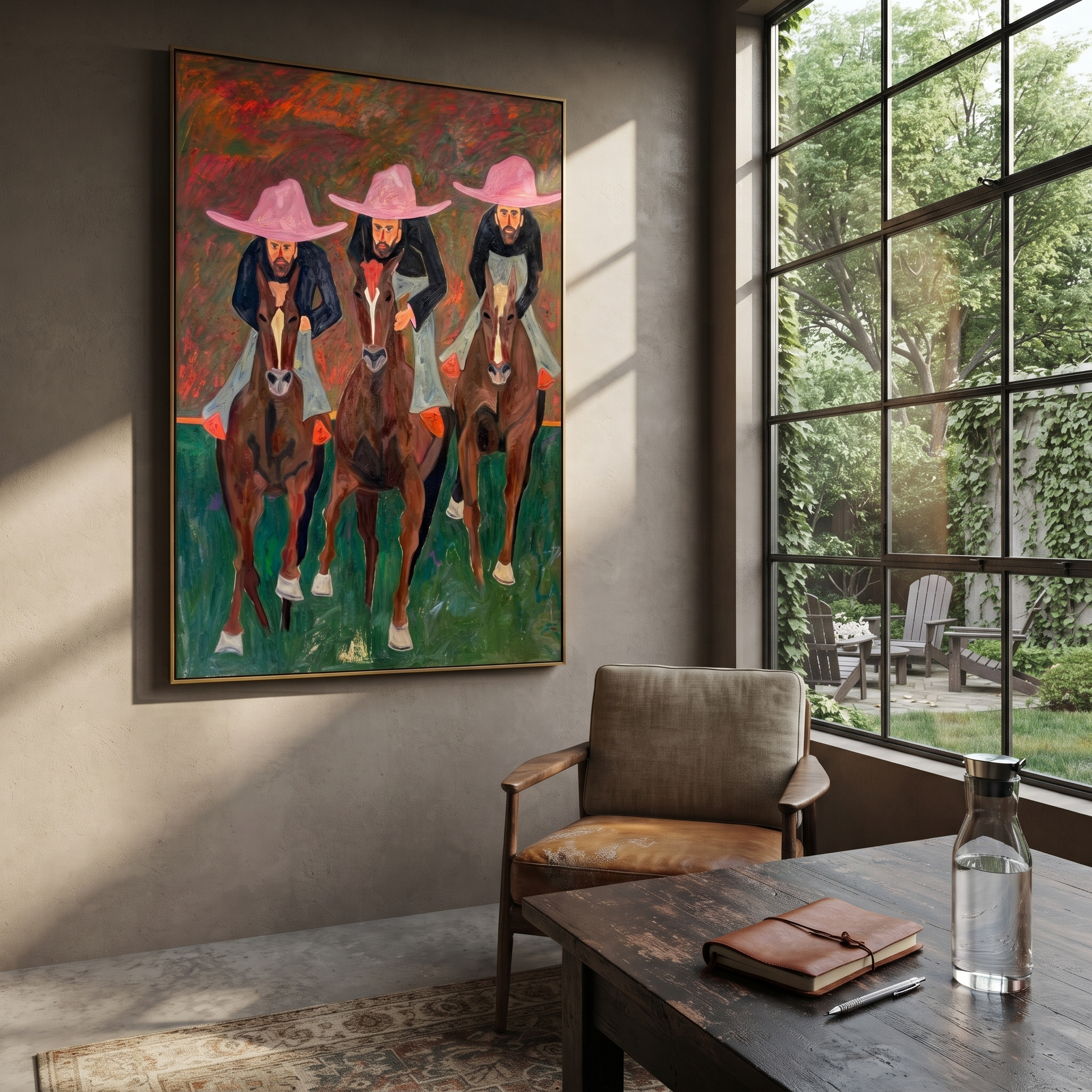 Three Riders Charge Green - three horse riders painting by Savannah Reed, modern folk art vertical wall art – styled room scene view 5