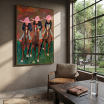 Three Riders Charge Green - three horse riders painting by Savannah Reed, modern folk art vertical wall art – styled room scene view 5