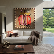 Three Cowgirls Wear Fire - three cowgirls fashion painting by Savannah Reed, modern folk art square wall art – styled room scene view 1