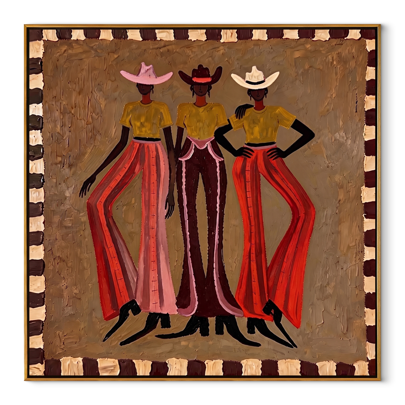 Three Cowgirls Wear Fire - three cowgirls fashion painting by Savannah Reed, modern folk art square wall art – wood frame on white background