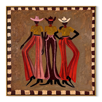 Three Cowgirls Wear Fire - three cowgirls fashion painting by Savannah Reed, modern folk art square wall art – wood frame on white background