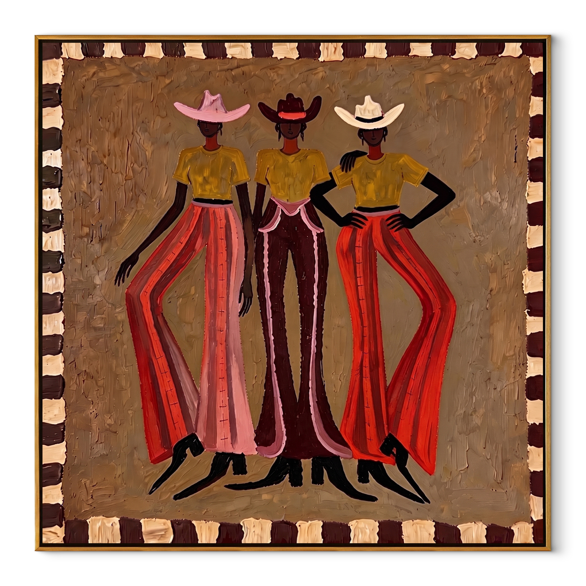 Three Cowgirls Wear Fire - three cowgirls fashion painting by Savannah Reed, modern folk art square wall art – wood frame on white background