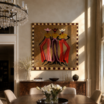 Three Cowgirls Wear Fire - three cowgirls fashion painting by Savannah Reed, modern folk art square wall art – styled room scene view 2