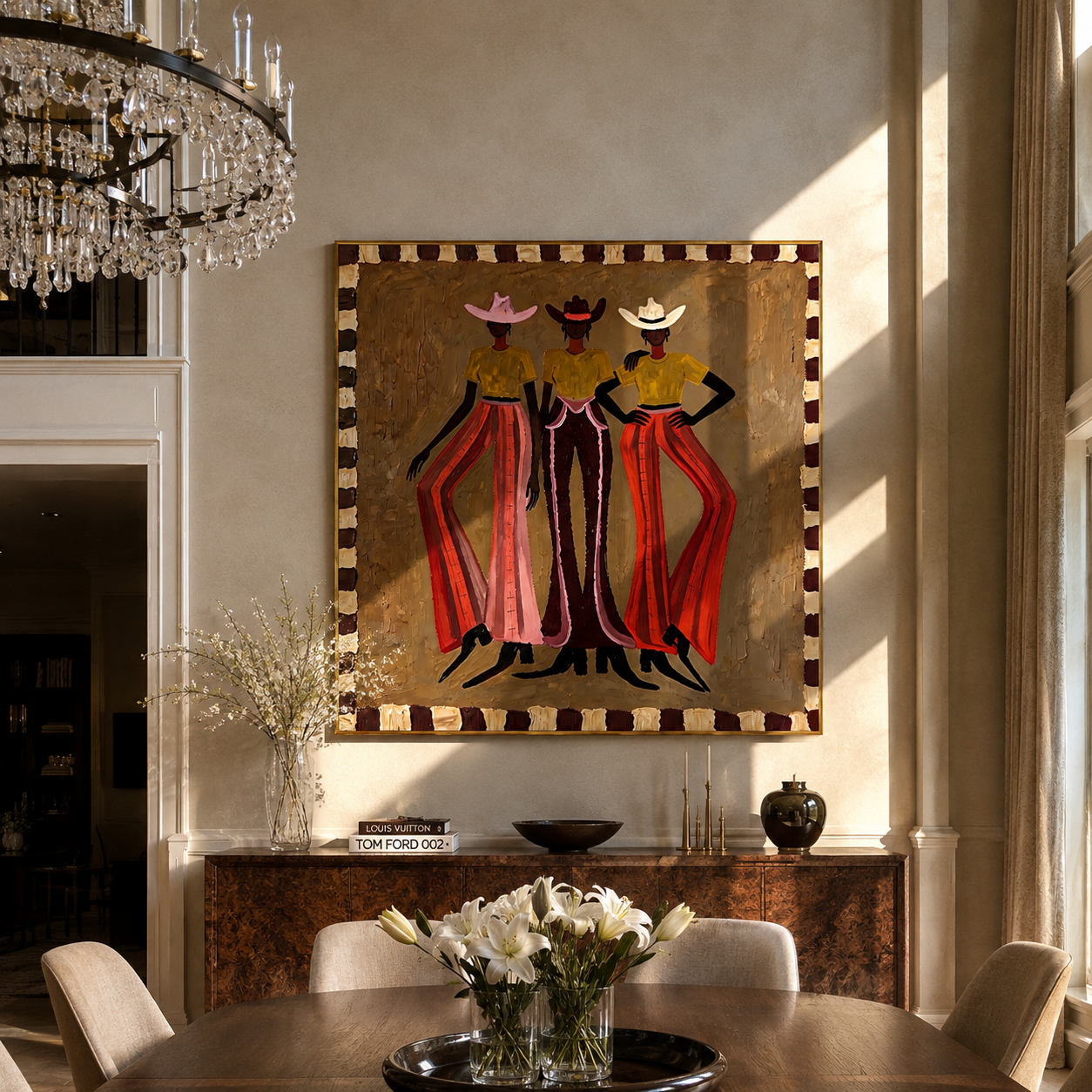 Three Cowgirls Wear Fire - three cowgirls fashion painting by Savannah Reed, modern folk art square wall art – styled room scene view 2