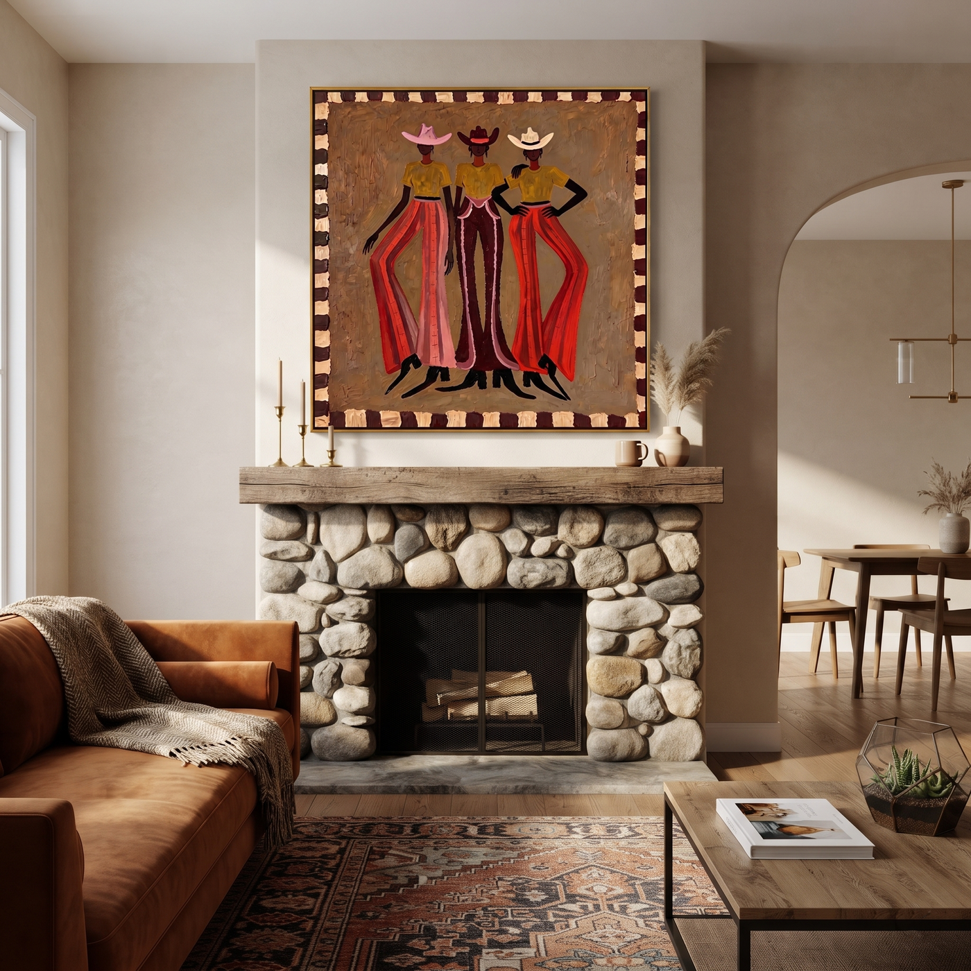 Three Cowgirls Wear Fire - three cowgirls fashion painting by Savannah Reed, modern folk art square wall art – styled room scene view 3