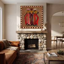 Three Cowgirls Wear Fire - three cowgirls fashion painting by Savannah Reed, modern folk art square wall art – styled room scene view 3