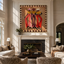 Three Cowgirls Wear Fire - three cowgirls fashion painting by Savannah Reed, modern folk art square wall art – styled room scene view 4