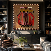 Three Cowgirls Wear Fire - three cowgirls fashion painting by Savannah Reed, modern folk art square wall art – styled room scene view 5