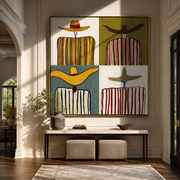 Four Brims Divide Color - four cowboy panel painting by Savannah Reed, modern folk art square wall art – styled room scene view 1