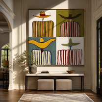 Four Brims Divide Color - four cowboy panel painting by Savannah Reed, modern folk art square wall art – styled room scene view 1