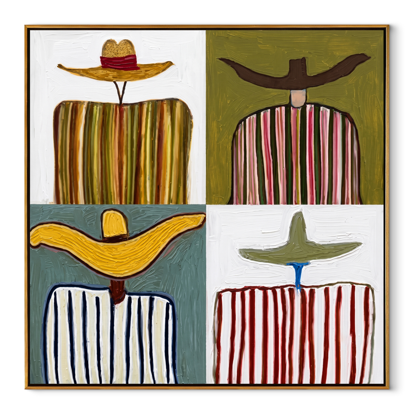Four Brims Divide Color - four cowboy panel painting by Savannah Reed, modern folk art square wall art – wood frame on white background