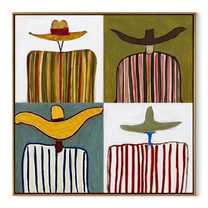 Four Brims Divide Color - four cowboy panel painting by Savannah Reed, modern folk art square wall art – wood frame on white background