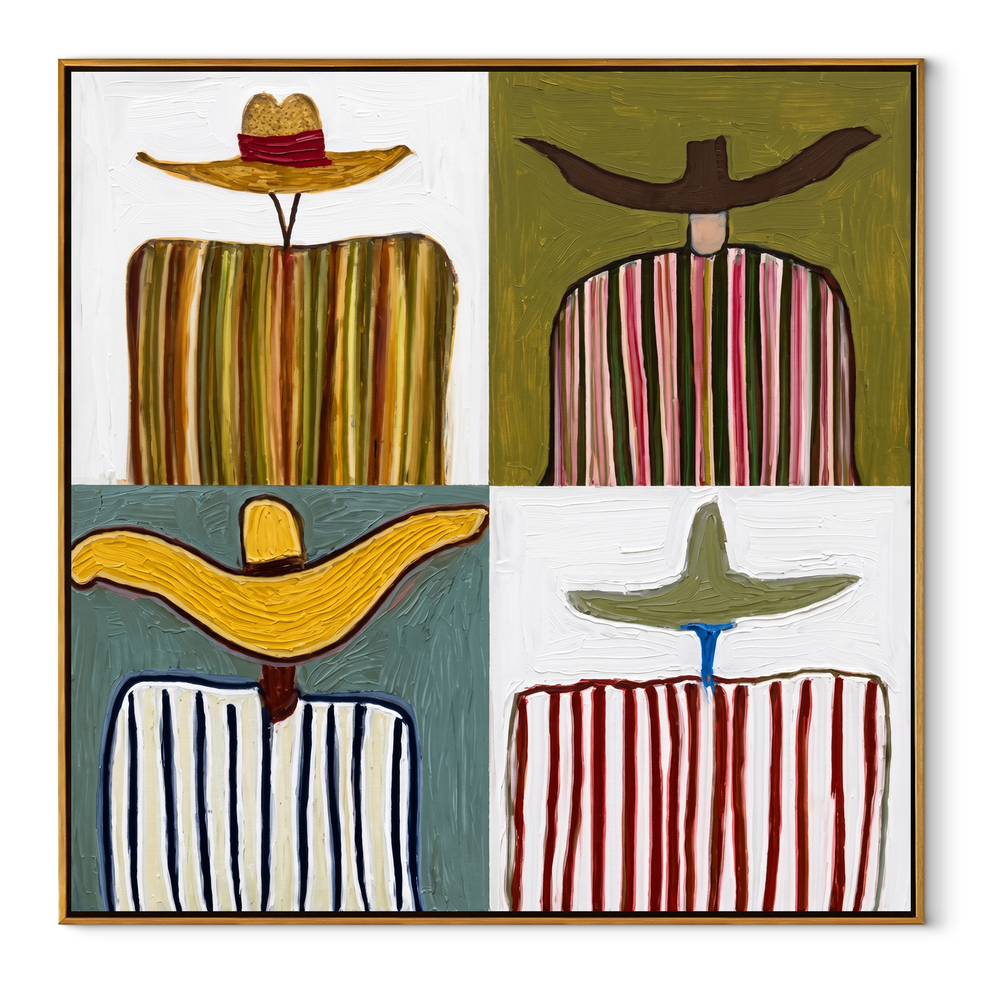 Four Brims Divide Color - four cowboy panel painting by Savannah Reed, modern folk art square wall art – wood frame on white background