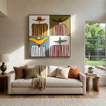 Four Brims Divide Color - four cowboy panel painting by Savannah Reed, modern folk art square wall art – styled room scene view 2