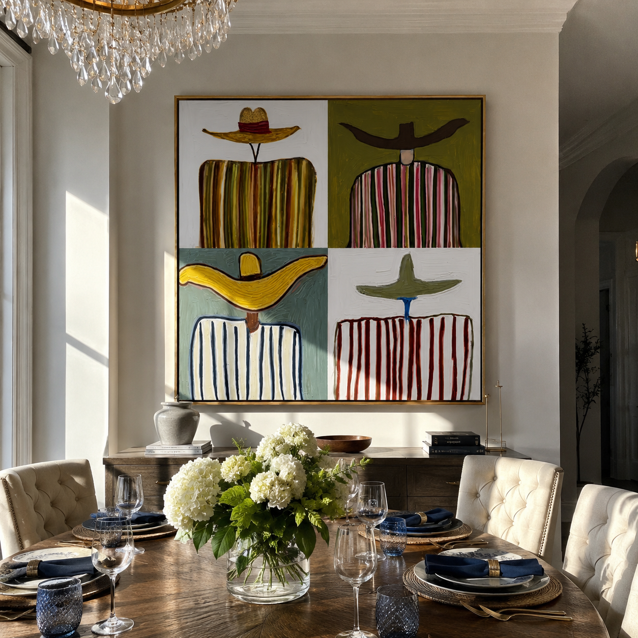 Four Brims Divide Color - four cowboy panel painting by Savannah Reed, modern folk art square wall art – styled room scene view 3