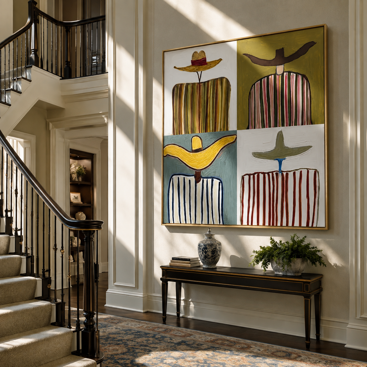 Four Brims Divide Color - four cowboy panel painting by Savannah Reed, modern folk art square wall art – styled room scene view 4