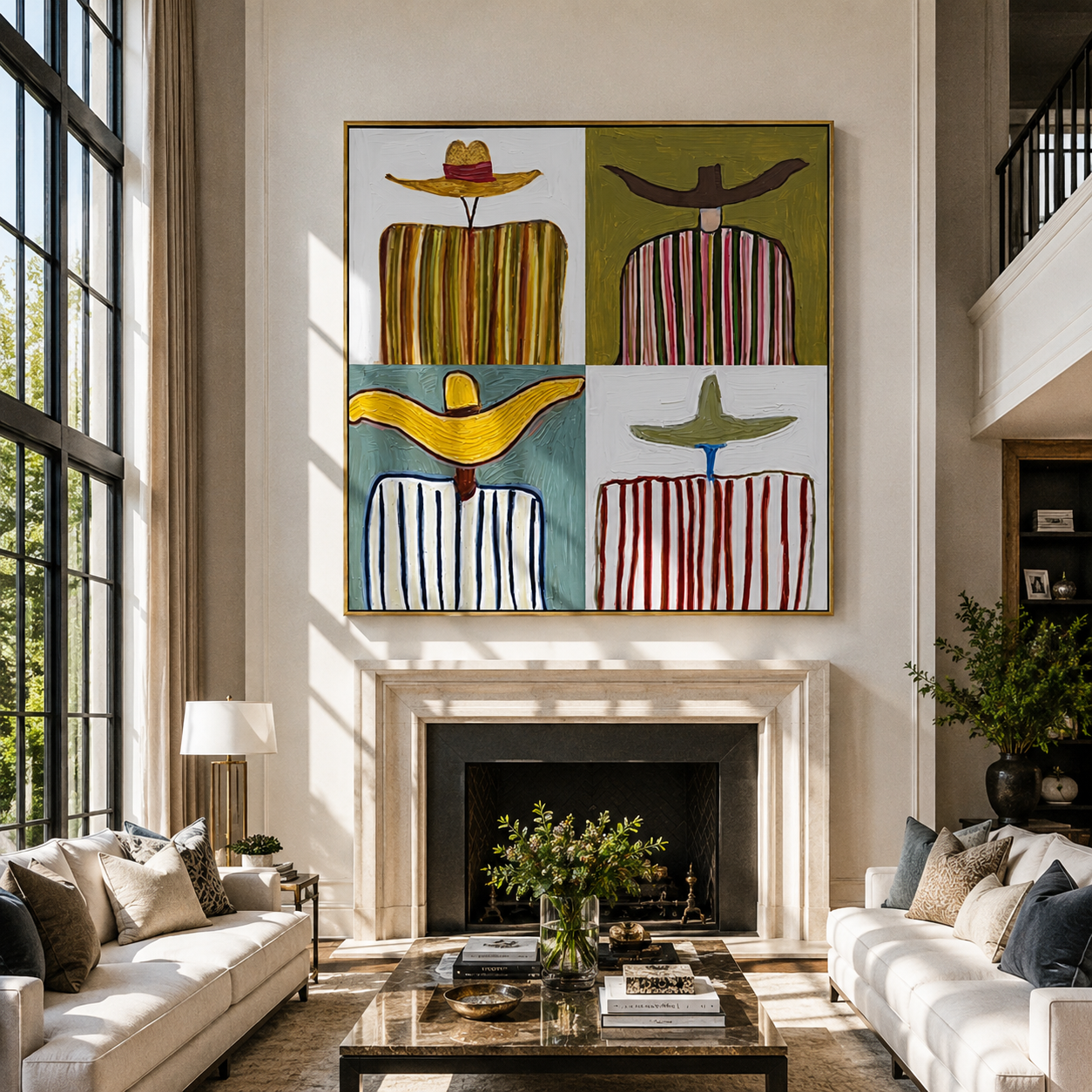 Four Brims Divide Color - four cowboy panel painting by Savannah Reed, modern folk art square wall art – styled room scene view 5