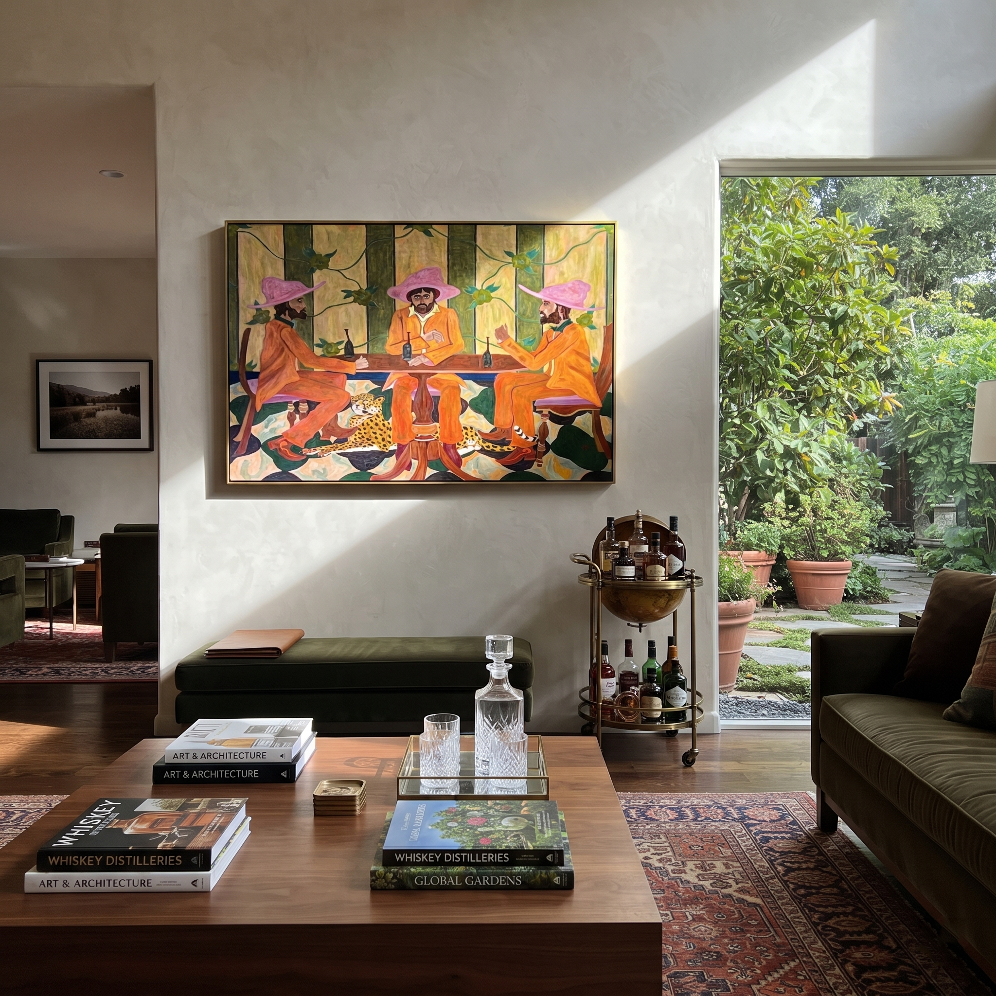 Pink Hats Circle Cheetah - three cowboys and cheetah painting by Savannah Reed, modern folk art horizontal wall art – styled room scene view 1