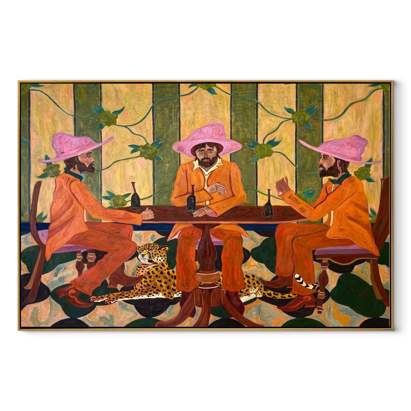 Pink Hats Circle Cheetah - three cowboys and cheetah painting by Savannah Reed, modern folk art horizontal wall art – wood frame on white background