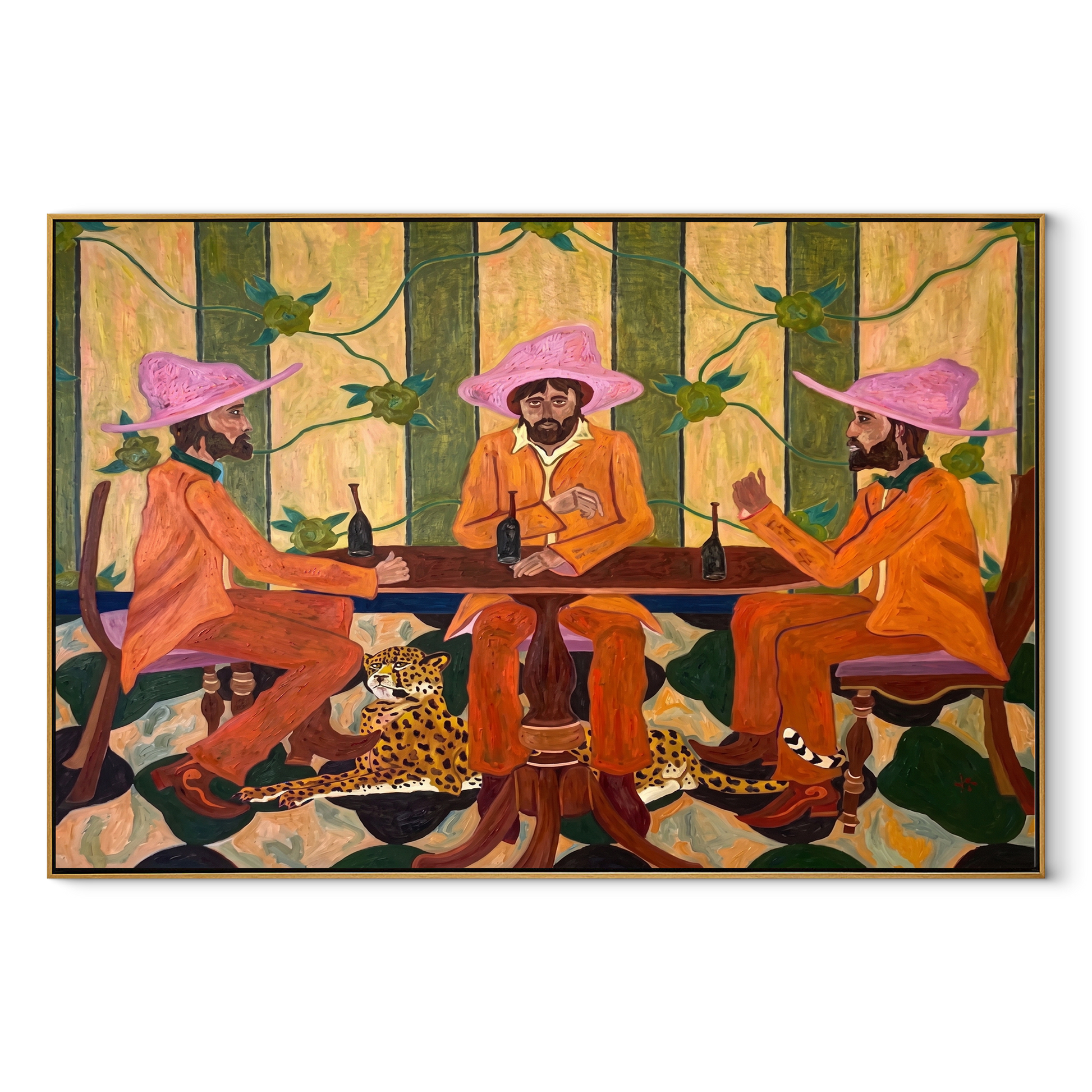 Pink Hats Circle Cheetah - three cowboys and cheetah painting by Savannah Reed, modern folk art horizontal wall art – wood frame on white background