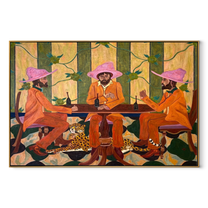Pink Hats Circle Cheetah - three cowboys and cheetah painting by Savannah Reed, modern folk art horizontal wall art – wood frame on white background