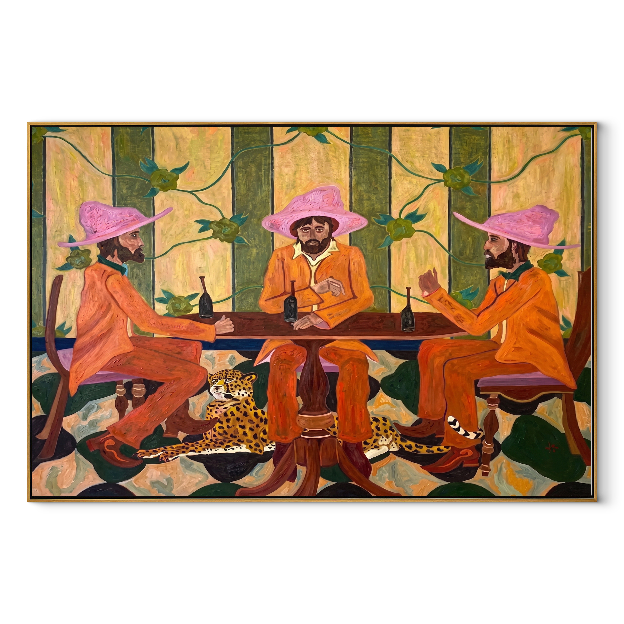 Pink Hats Circle Cheetah - three cowboys and cheetah painting by Savannah Reed, modern folk art horizontal wall art – wood frame on white background