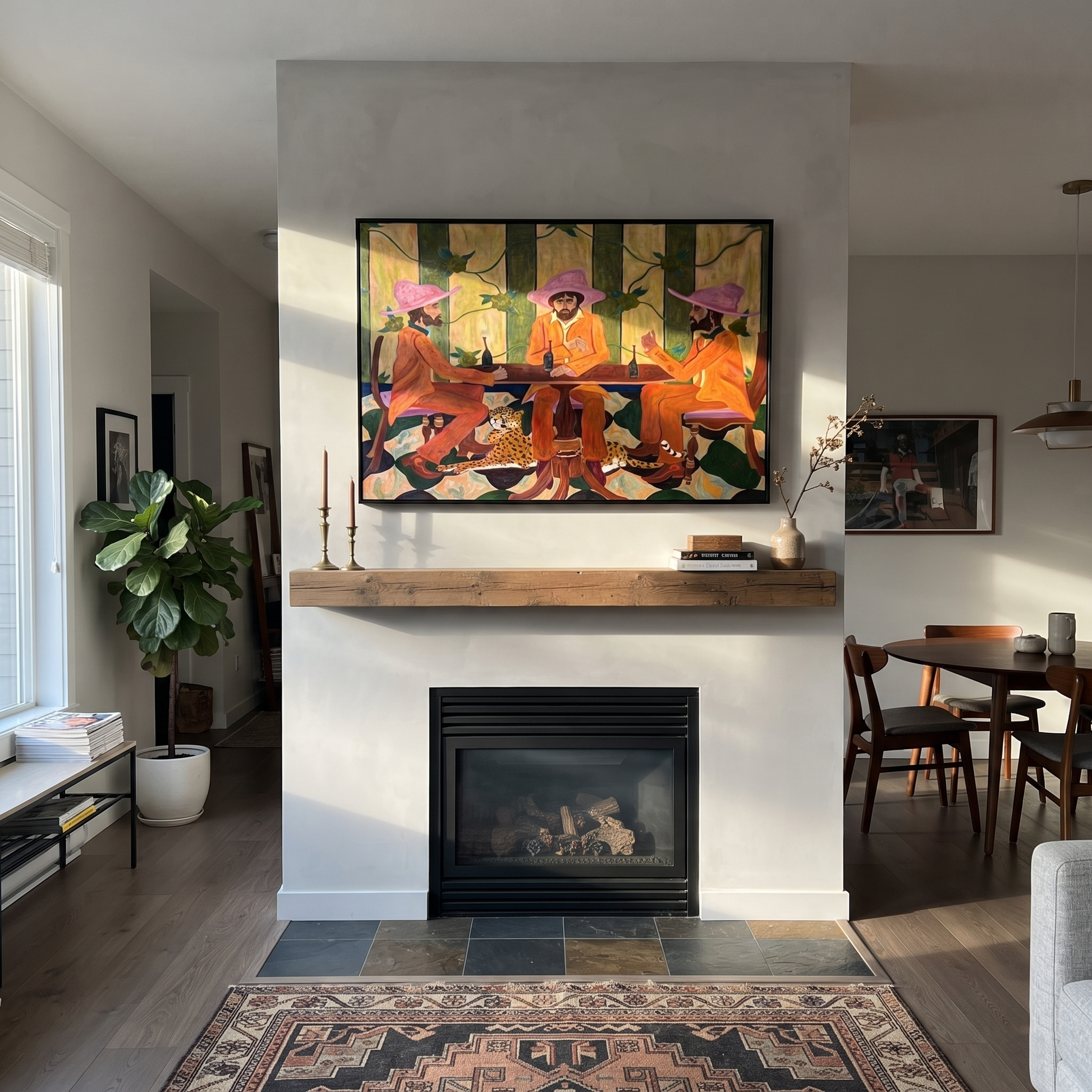 Pink Hats Circle Cheetah - three cowboys and cheetah painting by Savannah Reed, modern folk art horizontal wall art – styled room scene view 2