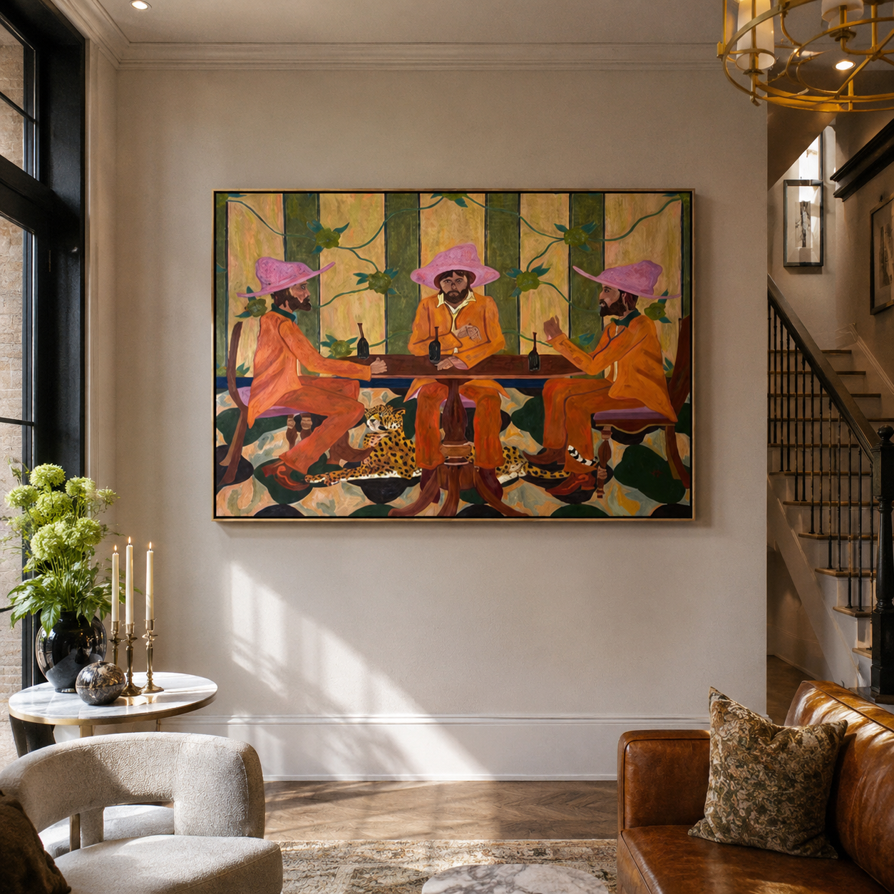 Pink Hats Circle Cheetah - three cowboys and cheetah painting by Savannah Reed, modern folk art horizontal wall art – styled room scene view 3