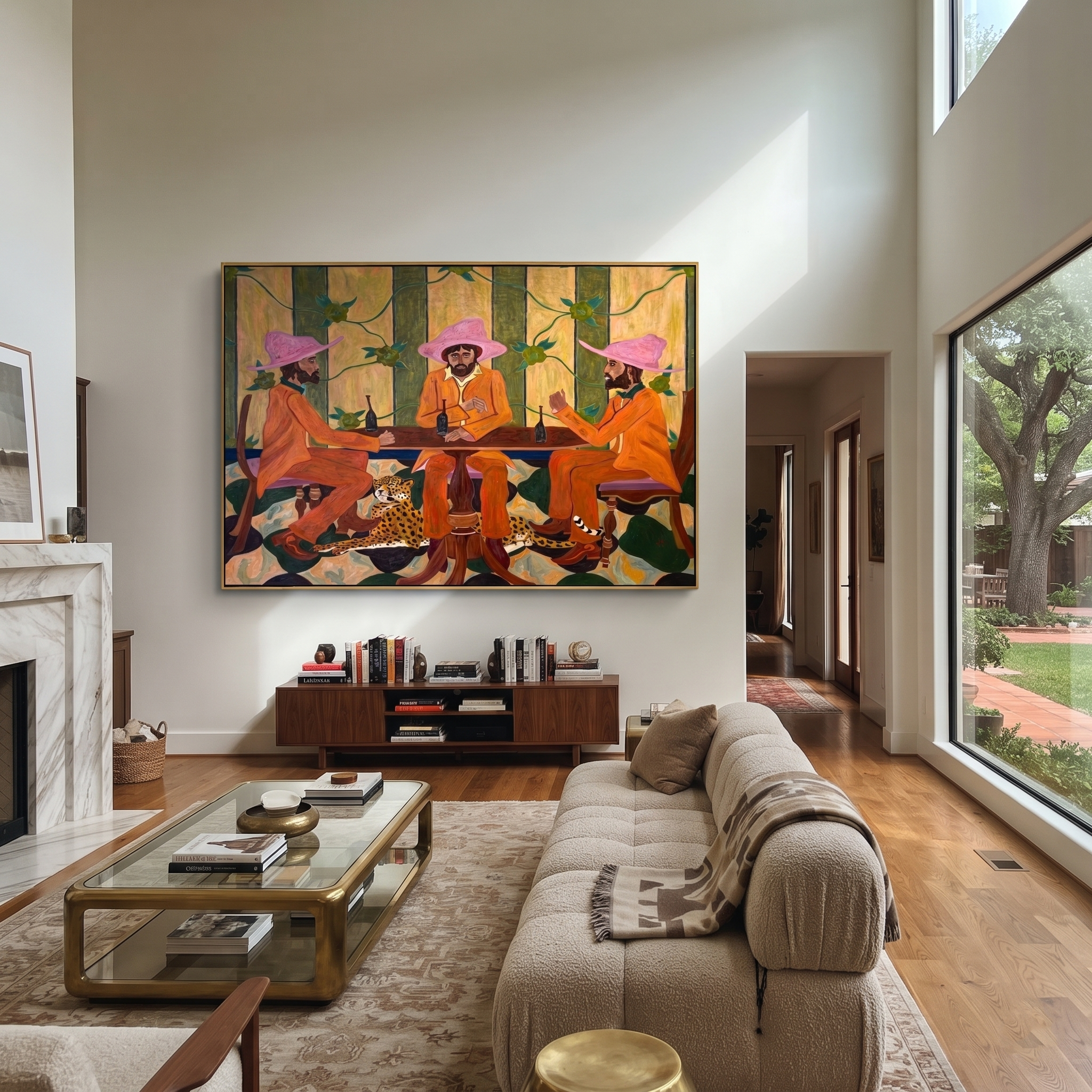 Pink Hats Circle Cheetah - three cowboys and cheetah painting by Savannah Reed, modern folk art horizontal wall art – styled room scene view 4