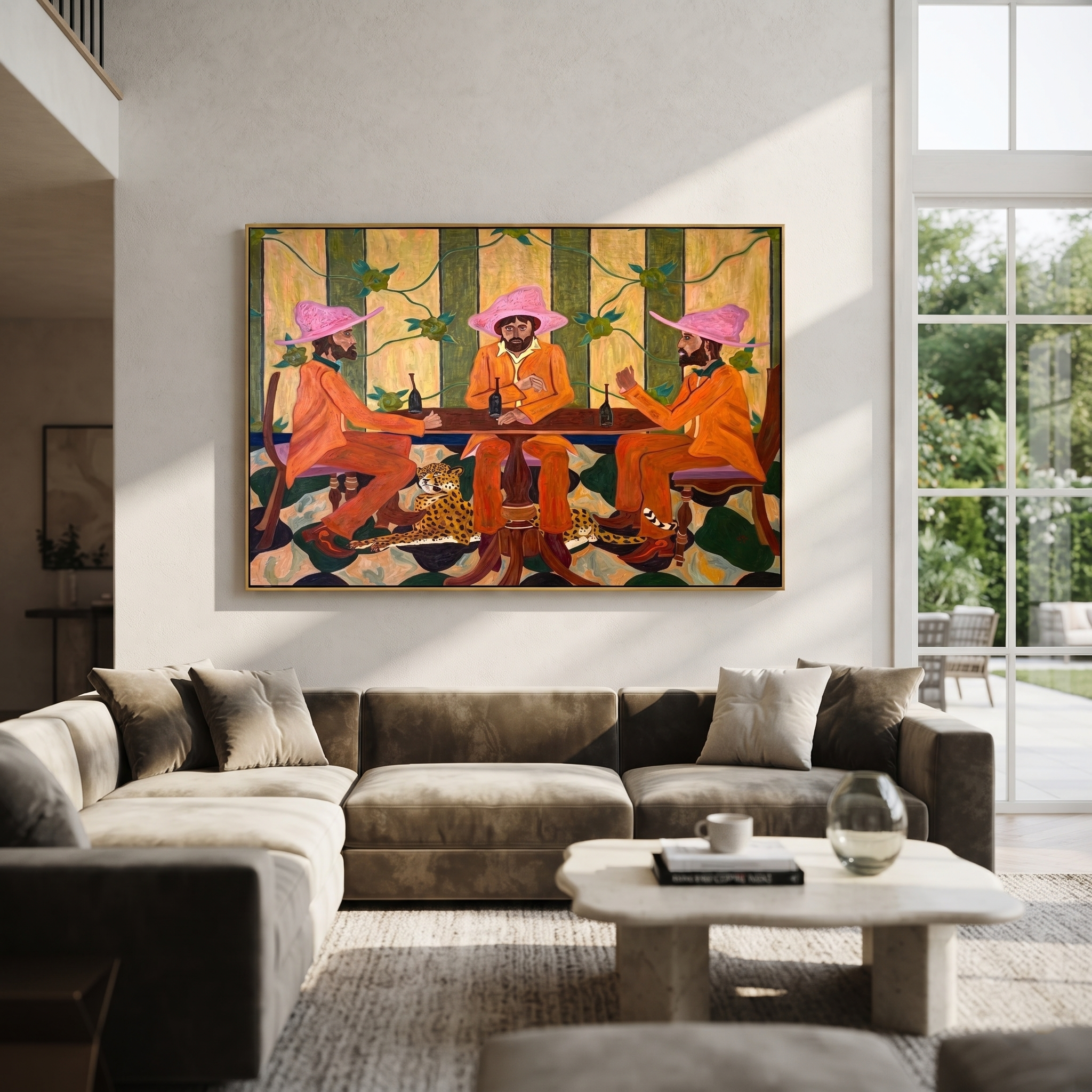 Pink Hats Circle Cheetah - three cowboys and cheetah painting by Savannah Reed, modern folk art horizontal wall art – styled room scene view 5