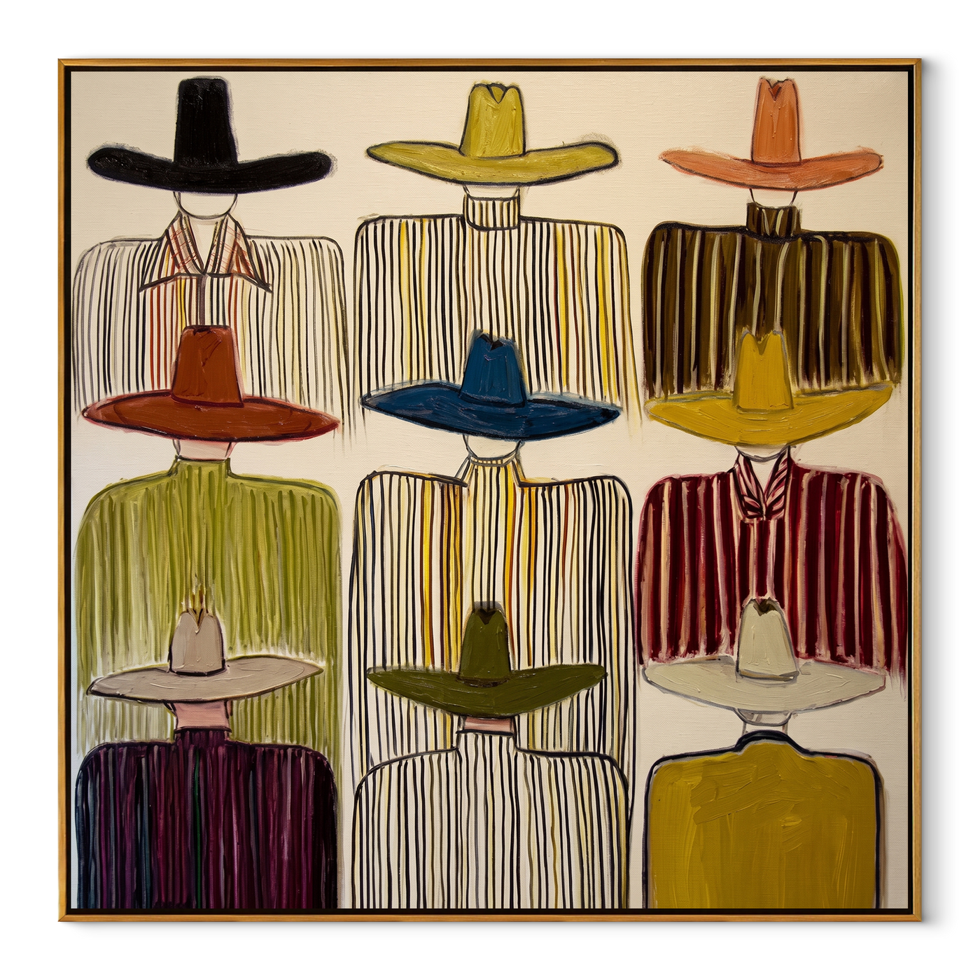 Nine Brims Face Ivory - nine cowboy portrait painting by Savannah Reed, modern folk art square wall art – wood frame on white background