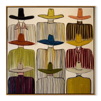 Nine Brims Face Ivory - nine cowboy portrait painting by Savannah Reed, modern folk art square wall art – wood frame on white background