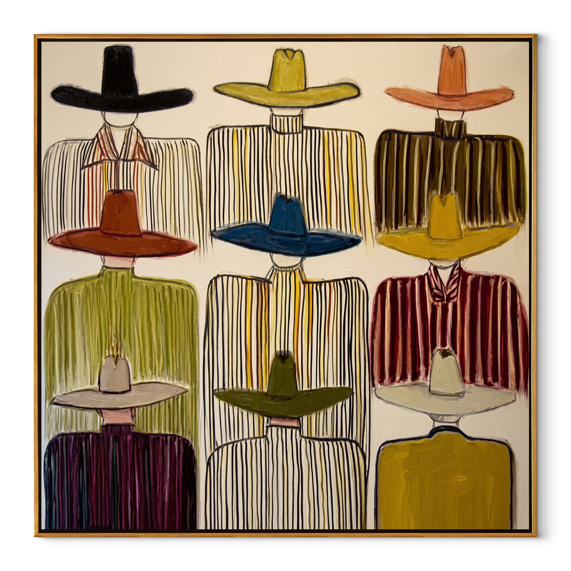 Nine Brims Face Ivory - nine cowboy portrait painting by Savannah Reed, modern folk art square wall art – wood frame on white background