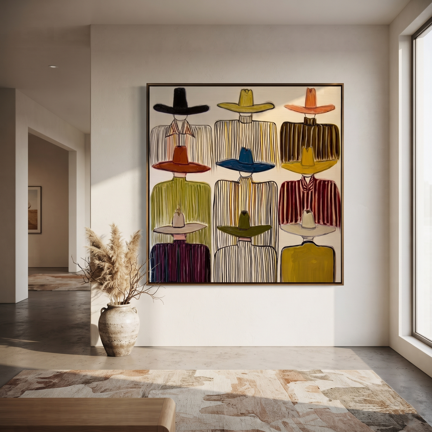 Nine Brims Face Ivory - nine cowboy portrait painting by Savannah Reed, modern folk art square wall art – styled room scene view 2