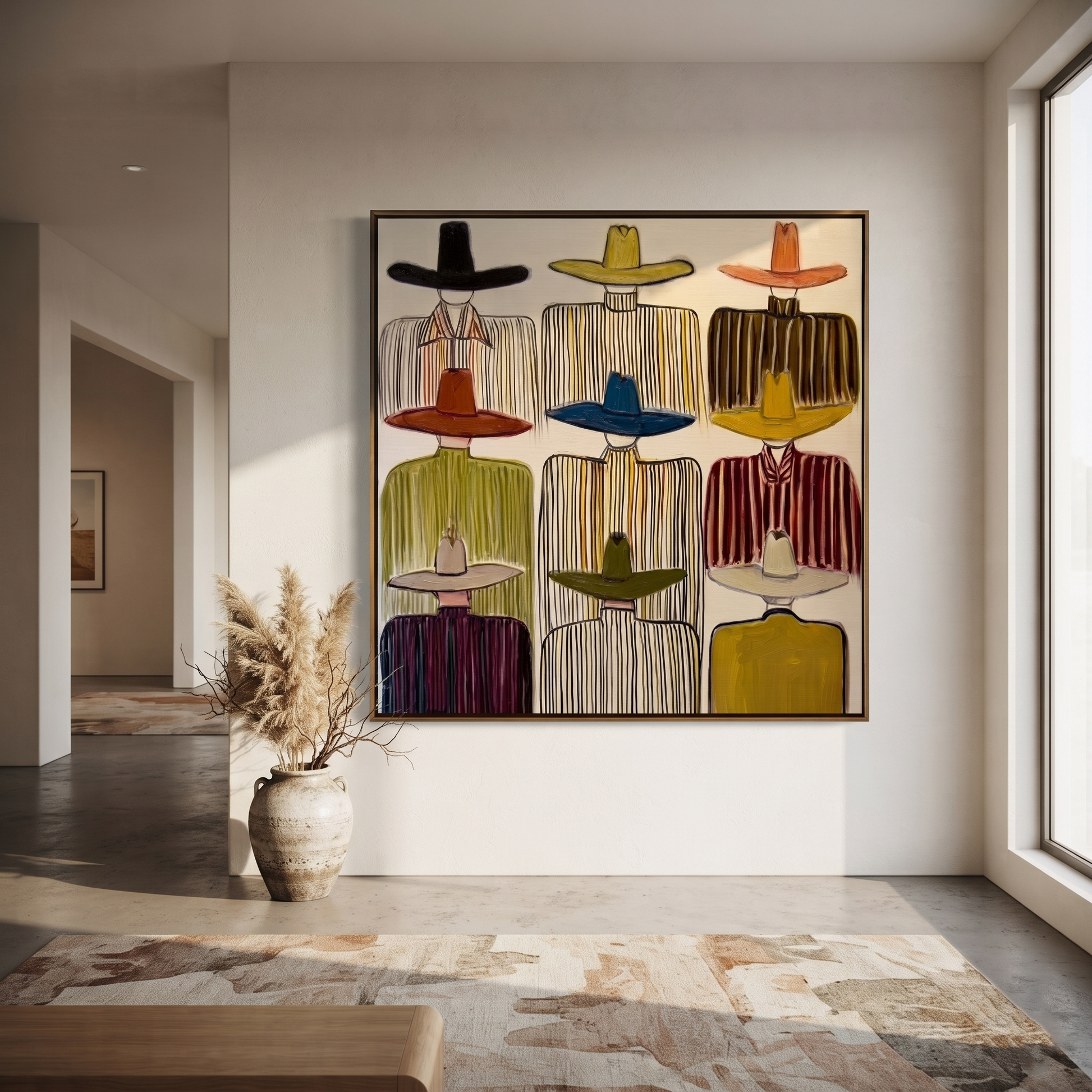 Nine Brims Face Ivory - nine cowboy portrait painting by Savannah Reed, modern folk art square wall art – styled room scene view 2