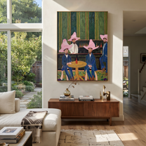 Blue Suits Wait Tables - five cowboys saloon painting by Savannah Reed, modern folk art vertical wall art – styled room scene view 1