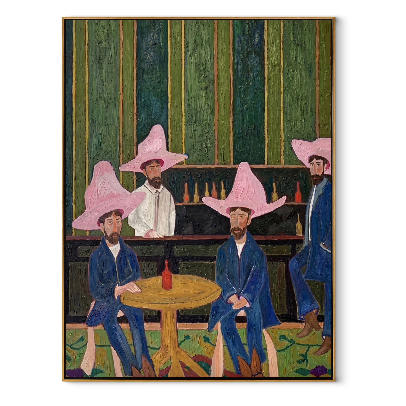 Blue Suits Wait Tables - five cowboys saloon painting by Savannah Reed, modern folk art vertical wall art – wood frame on white background