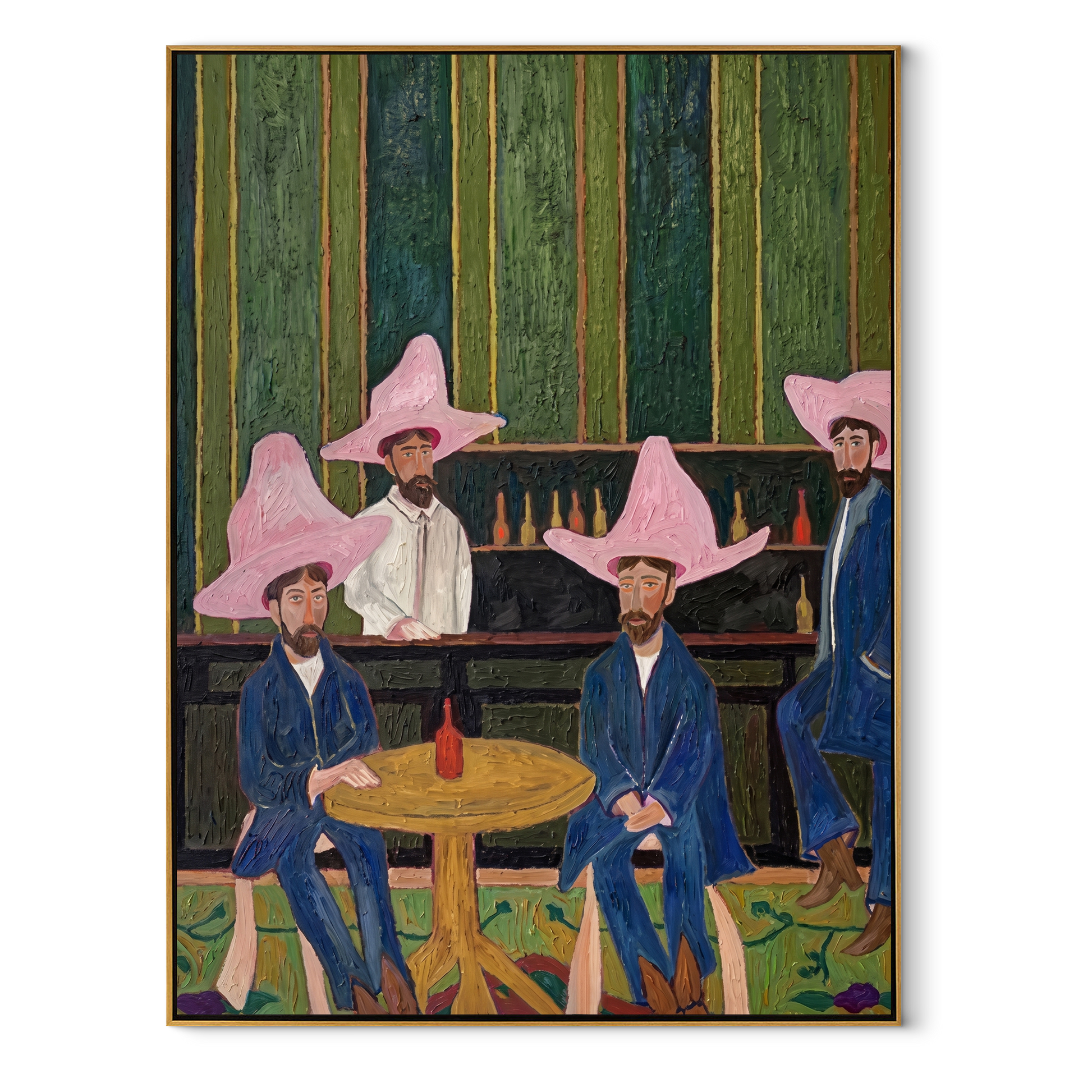 Blue Suits Wait Tables - five cowboys saloon painting by Savannah Reed, modern folk art vertical wall art – wood frame on white background