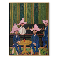 Blue Suits Wait Tables - five cowboys saloon painting by Savannah Reed, modern folk art vertical wall art – wood frame on white background