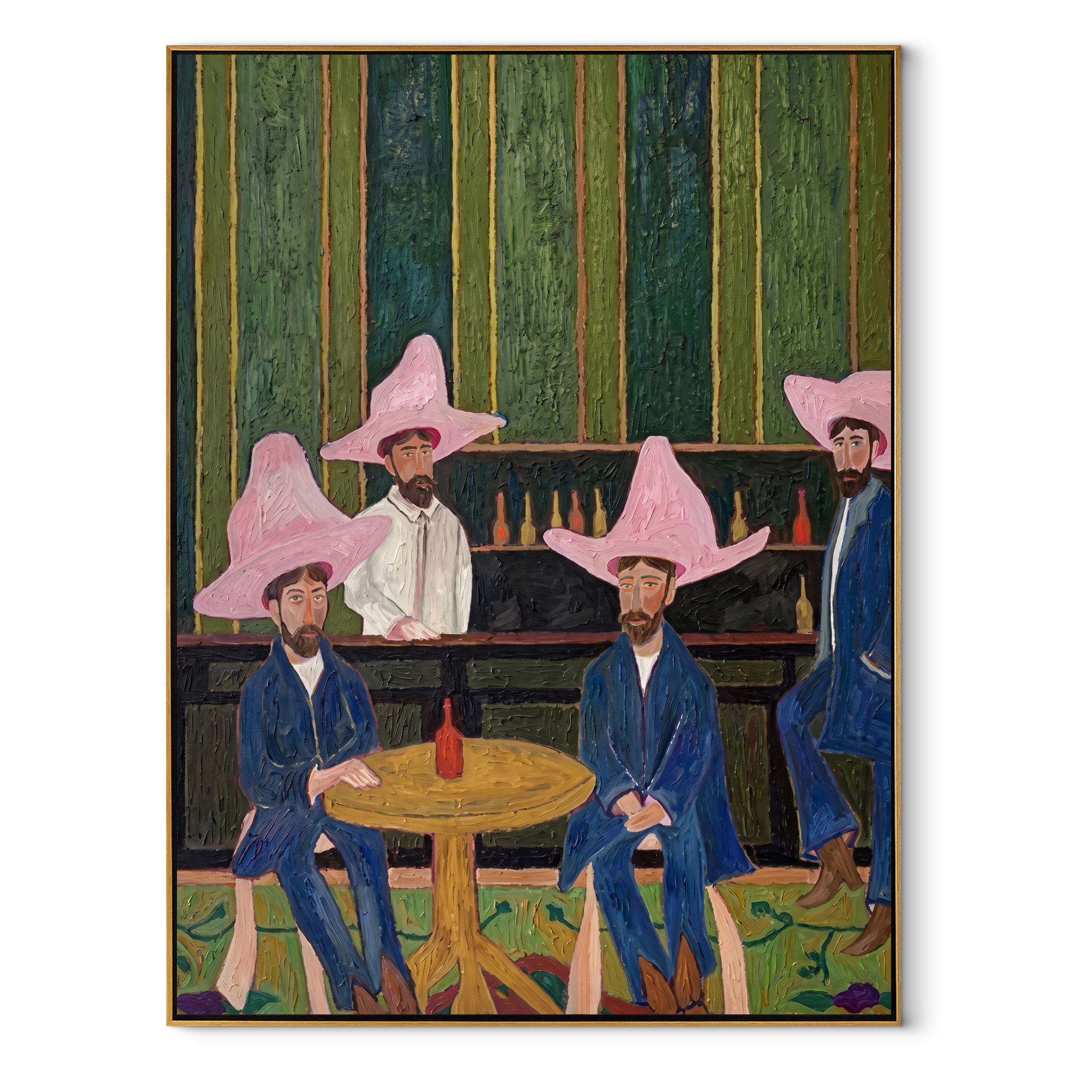 Blue Suits Wait Tables - five cowboys saloon painting by Savannah Reed, modern folk art vertical wall art – wood frame on white background