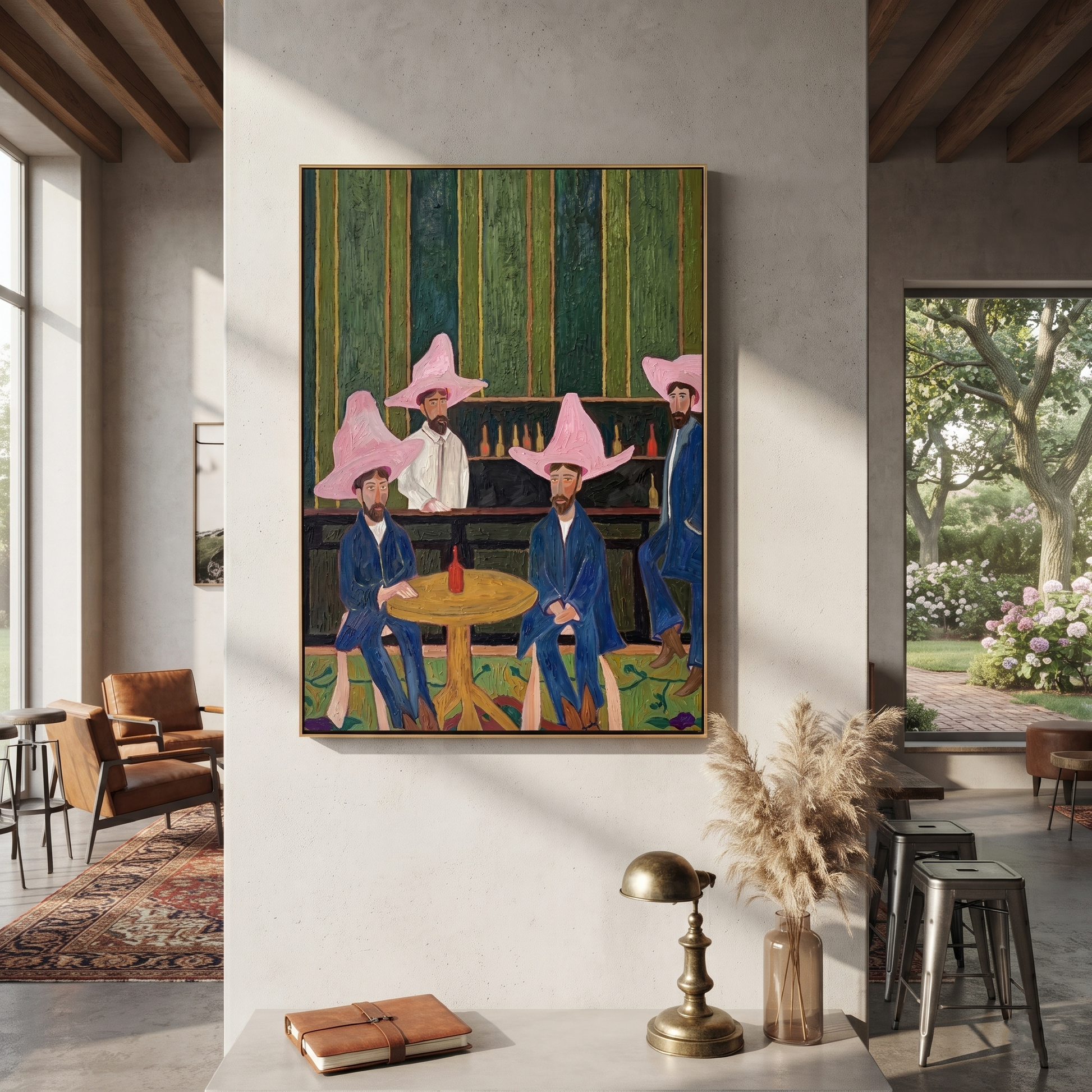 Blue Suits Wait Tables - five cowboys saloon painting by Savannah Reed, modern folk art vertical wall art – styled room scene view 3