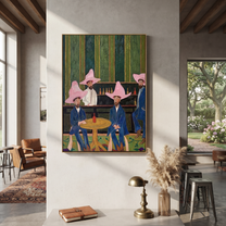 Blue Suits Wait Tables - five cowboys saloon painting by Savannah Reed, modern folk art vertical wall art – styled room scene view 3