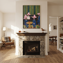 Blue Suits Wait Tables - five cowboys saloon painting by Savannah Reed, modern folk art vertical wall art – styled room scene view 4
