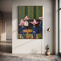 Blue Suits Wait Tables - five cowboys saloon painting by Savannah Reed, modern folk art vertical wall art – styled room scene view 5