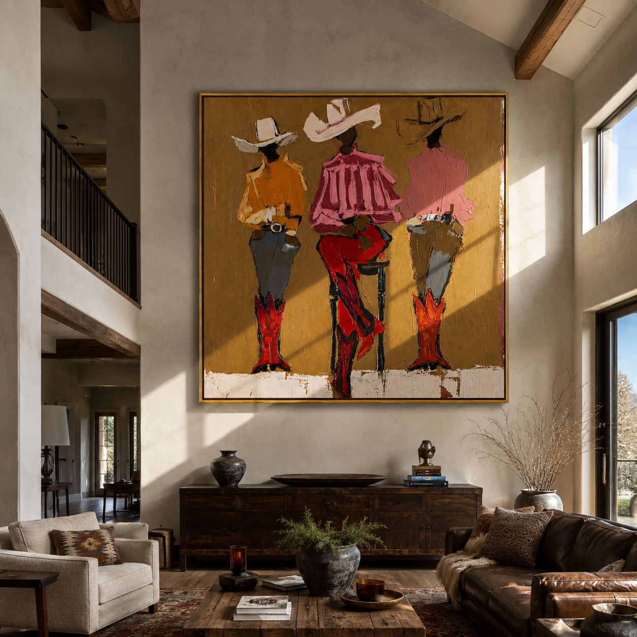 Three Cowgirls Claim Ochre - three cowgirls portrait painting by Savannah Reed, modern folk art square wall art – styled room scene view 1