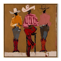 Three Cowgirls Claim Ochre - three cowgirls portrait painting by Savannah Reed, modern folk art square wall art – wood frame on white background