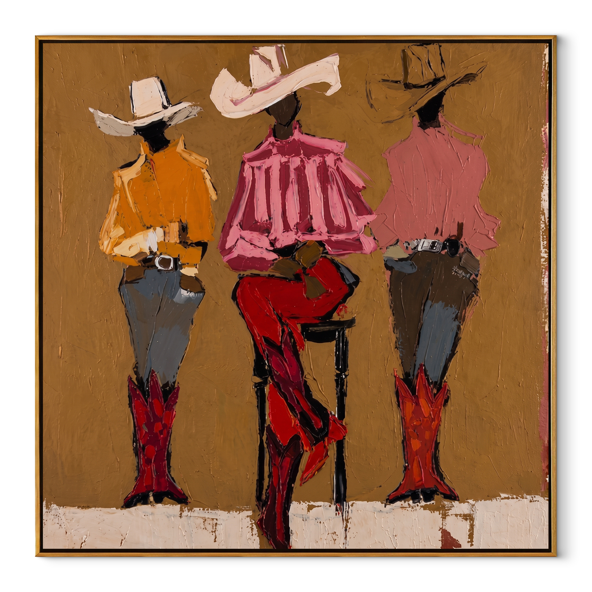 Three Cowgirls Claim Ochre - three cowgirls portrait painting by Savannah Reed, modern folk art square wall art – wood frame on white background