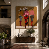 Three Cowgirls Claim Ochre - three cowgirls portrait painting by Savannah Reed, modern folk art square wall art – styled room scene view 2