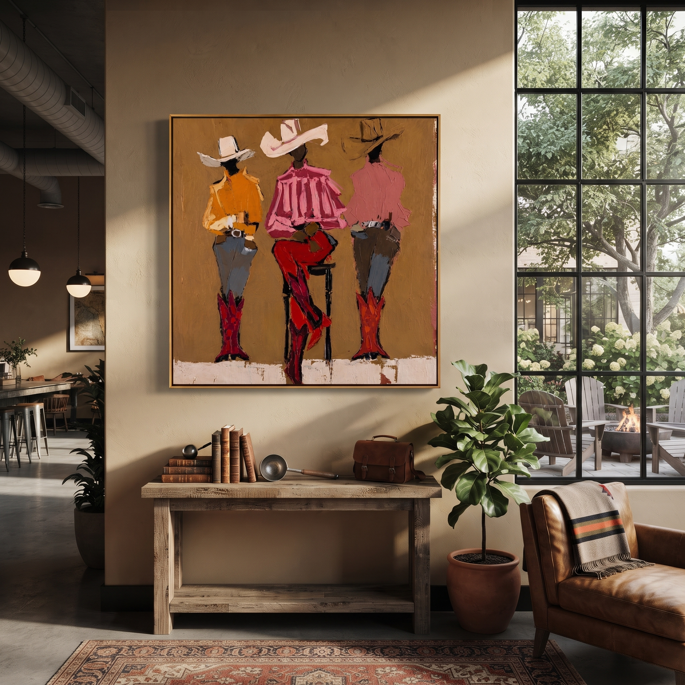 Three Cowgirls Claim Ochre - three cowgirls portrait painting by Savannah Reed, modern folk art square wall art – styled room scene view 3